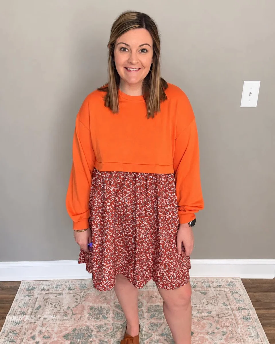 Orange and Red, Together on a petite woman