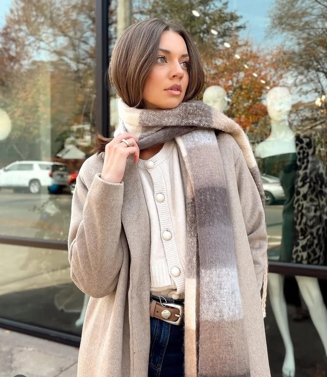 The Big Scarf Does the Work on a petite woman