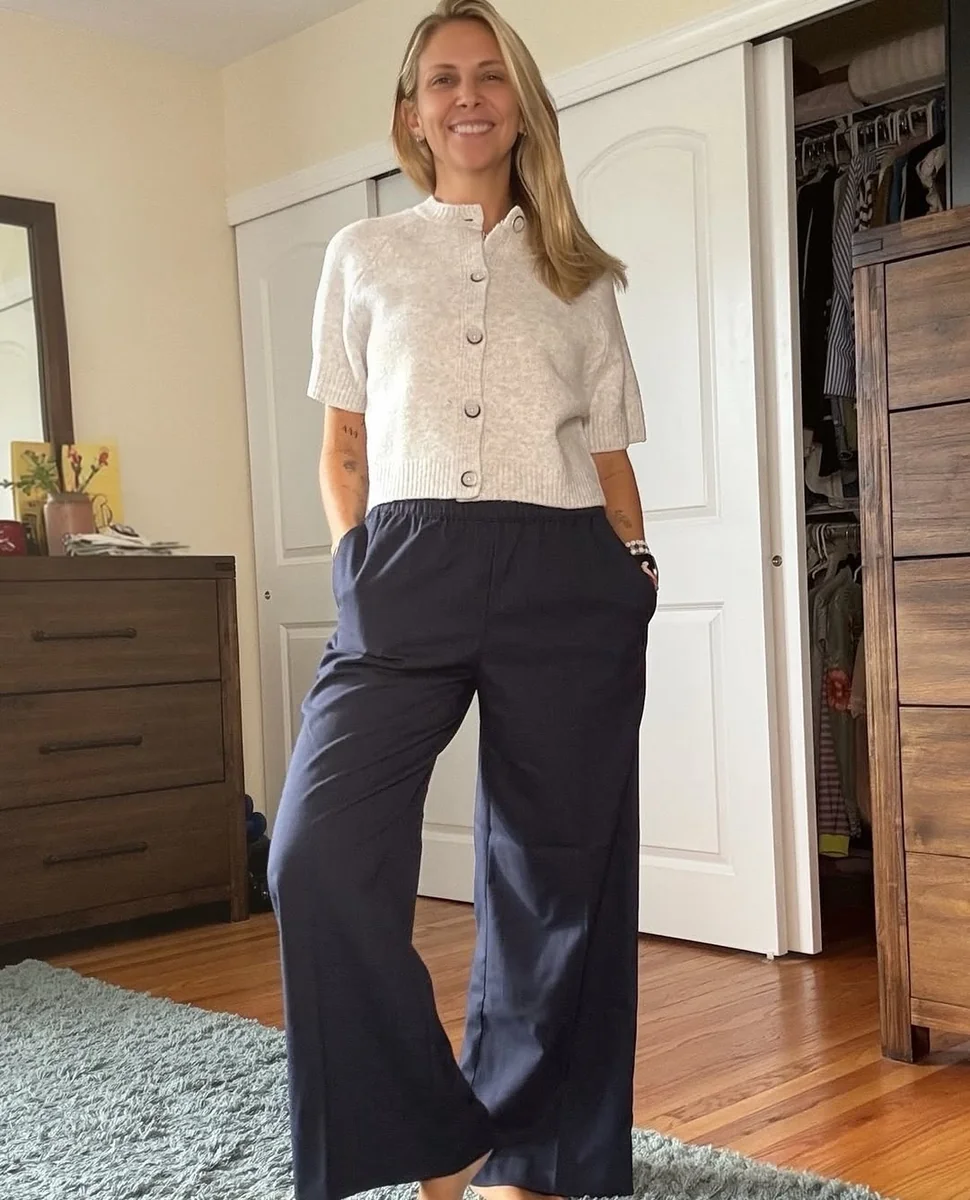 Navy Wide Legs, Cream on Top on a petite woman