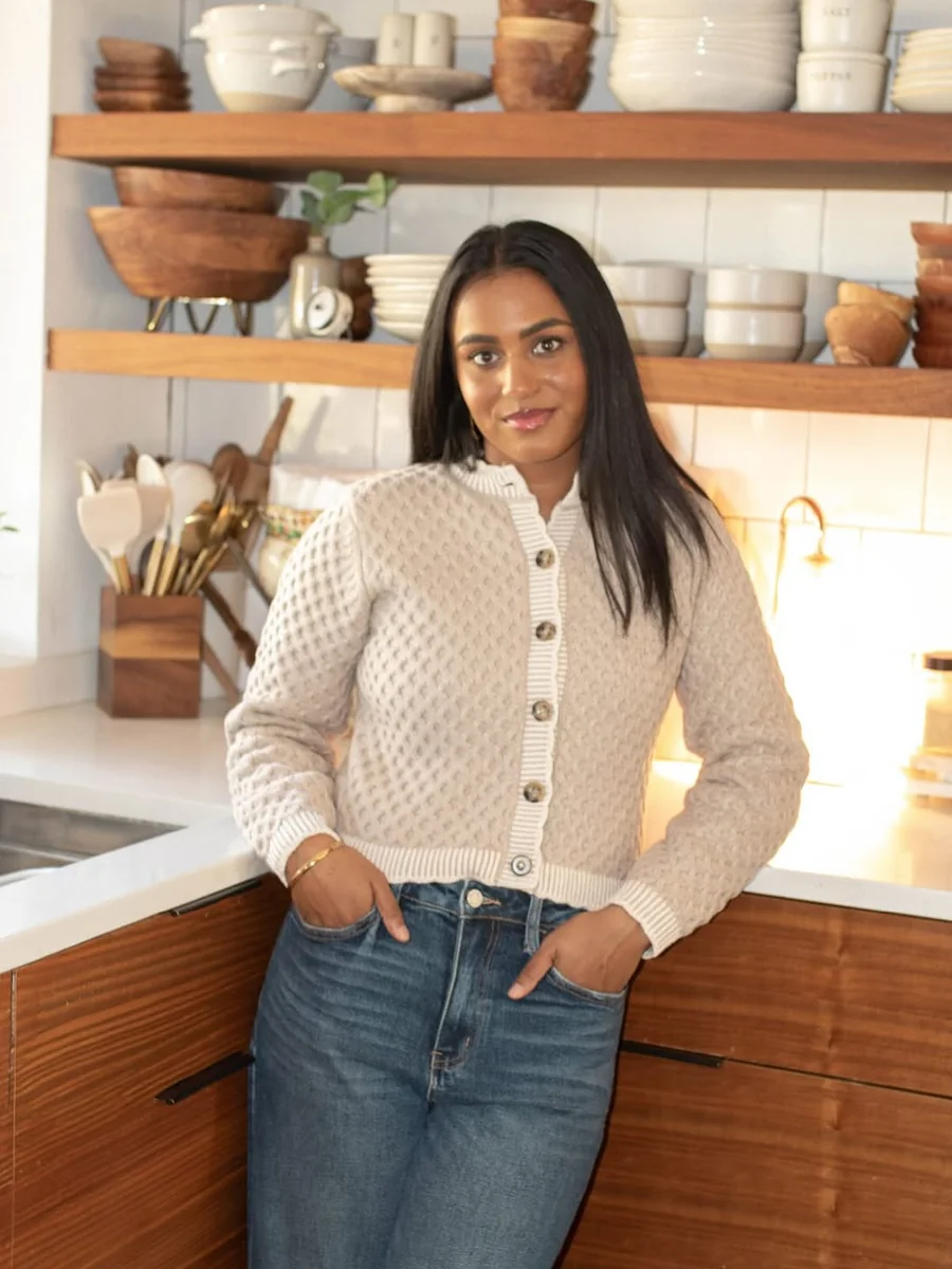 The Kitchen Cardigan on a petite woman