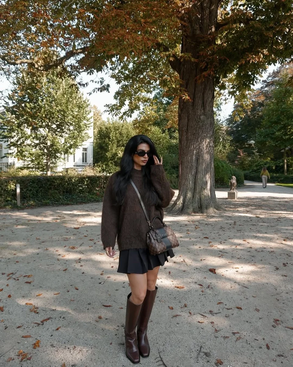 Oversized Sweater, Mini Skirt on a petite woman