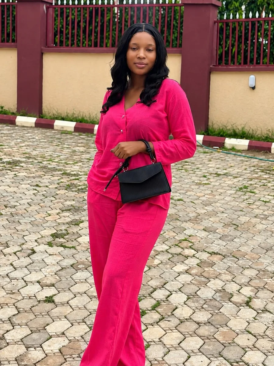 Hot Pink Knit Set on a petite woman