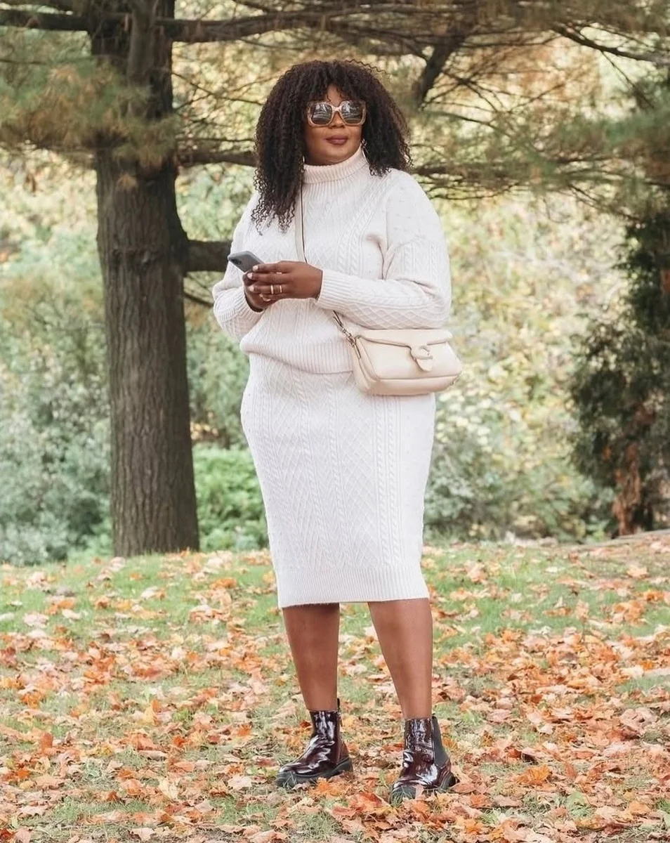 The White Sweater Dress on a petite woman