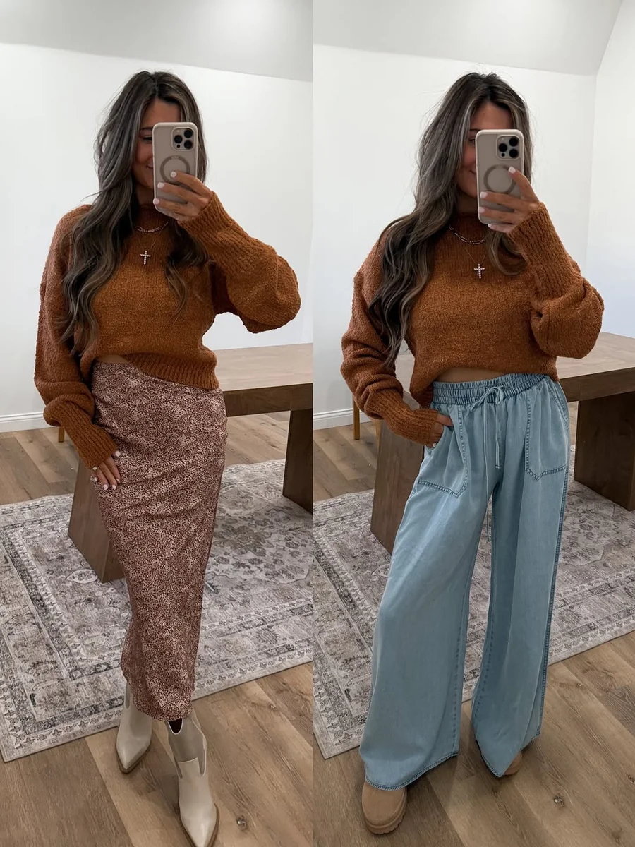 One Sweater, Two Bottoms on a petite woman