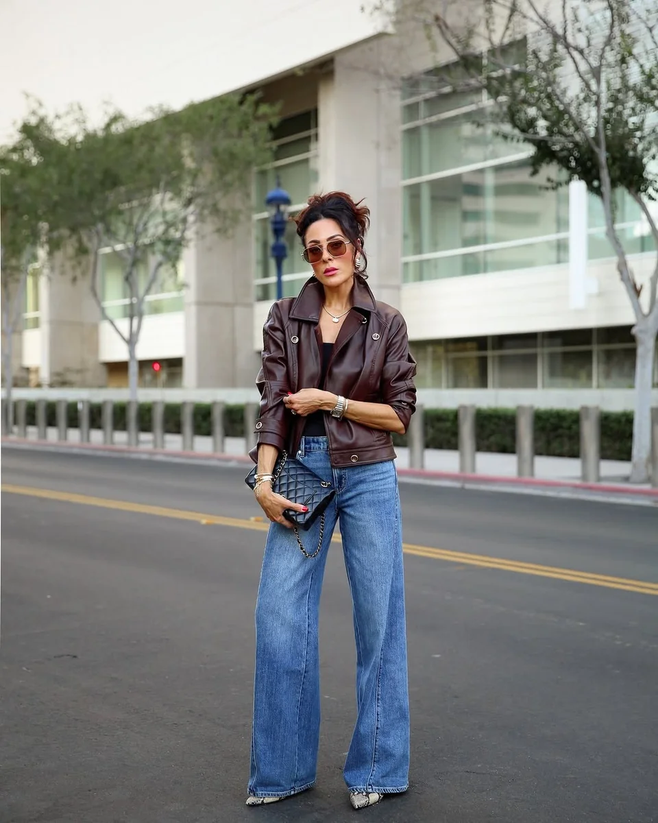 Leather Jacket and Wide-Leg Jeans on a petite woman