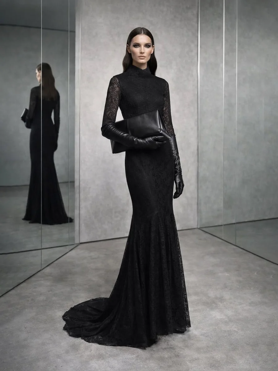 The Black Lace Mermaid Gown on a petite woman