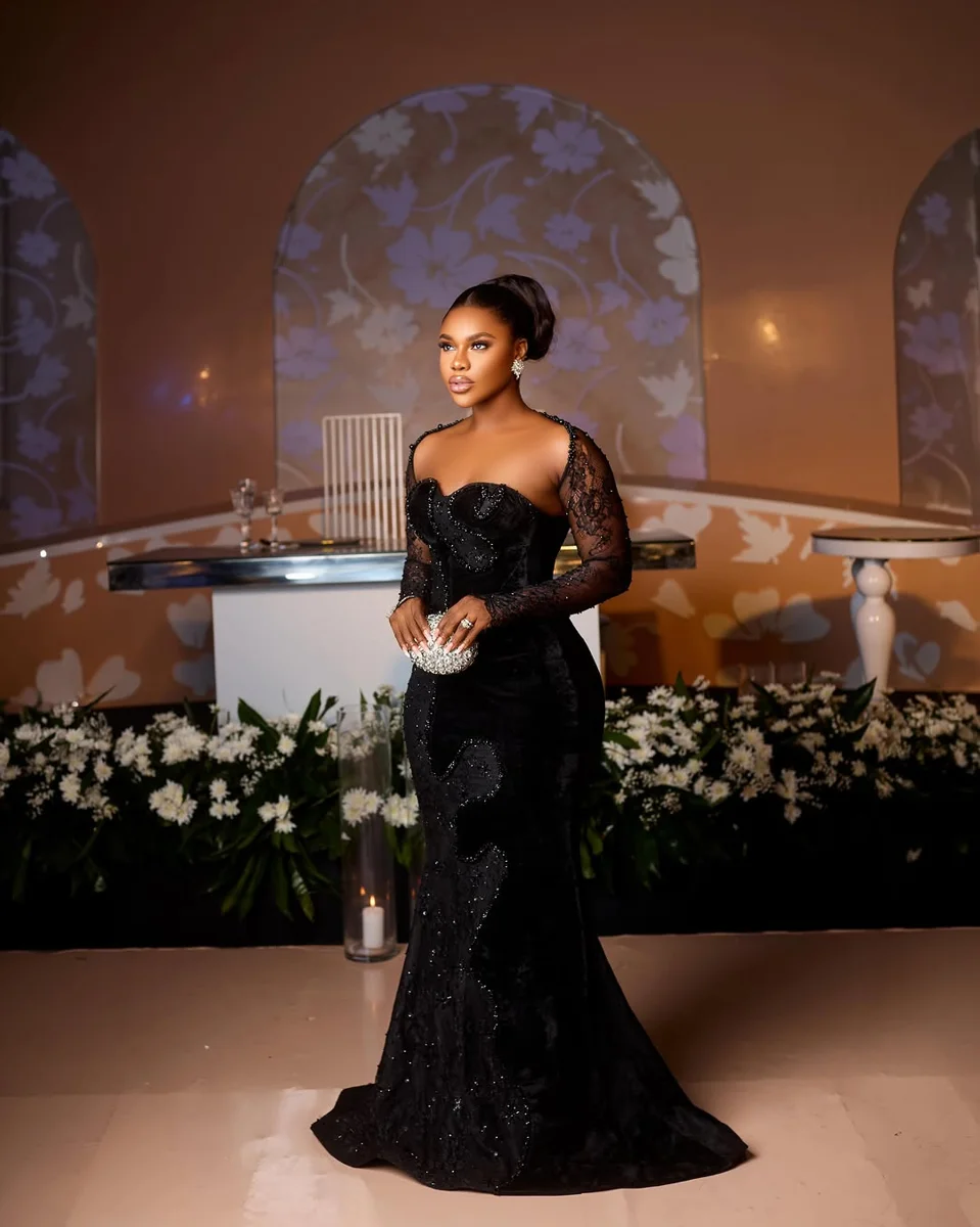 Black Velvet, Lace Sleeves, Classic Updo on a petite woman