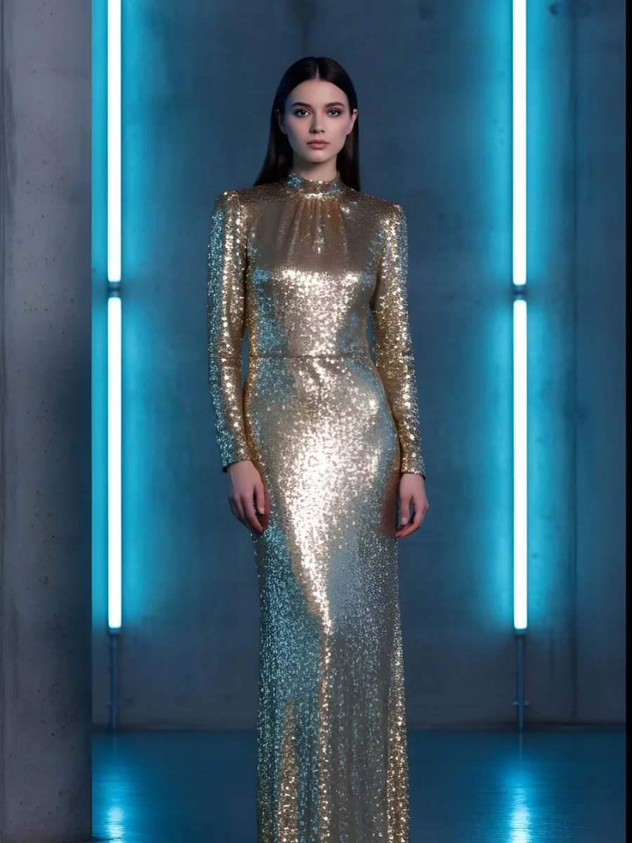 The Gold Sequin Column: A Classy New Year's Eve Outfit for Petites on a petite woman
