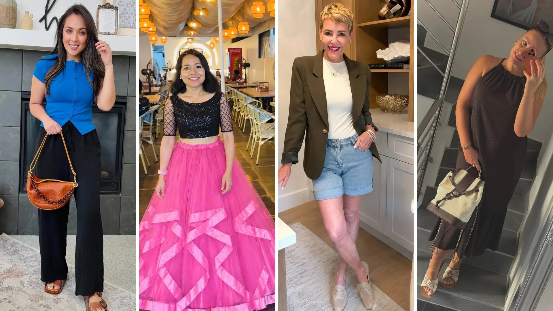 Petite fashion looks: blue knit top with black wide-leg pants, black sequin top with pink tulle skirt, olive blazer with denim shorts, brown halter midi dress