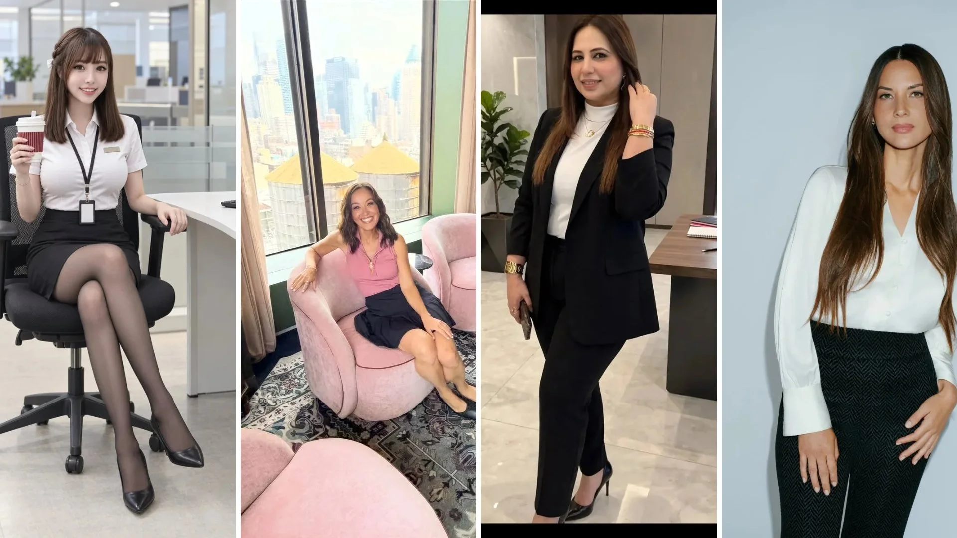 Polished office outfits for petite women: white shirt and black skirt, pink top and black skirt, black blazer suit, white blouse and black skirt