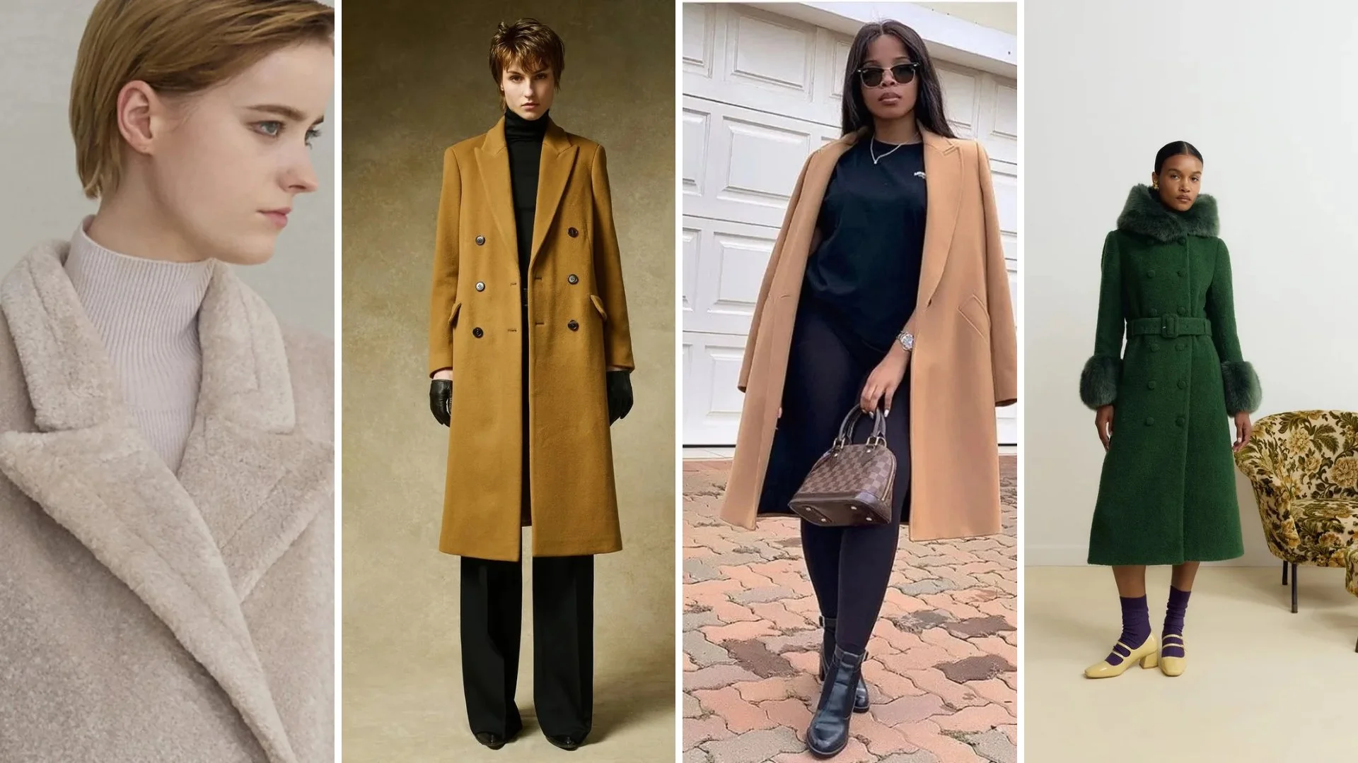Winter coats for petite women: cream shearling coat, camel double-breasted coat, beige wool coat, green fur-trim coat