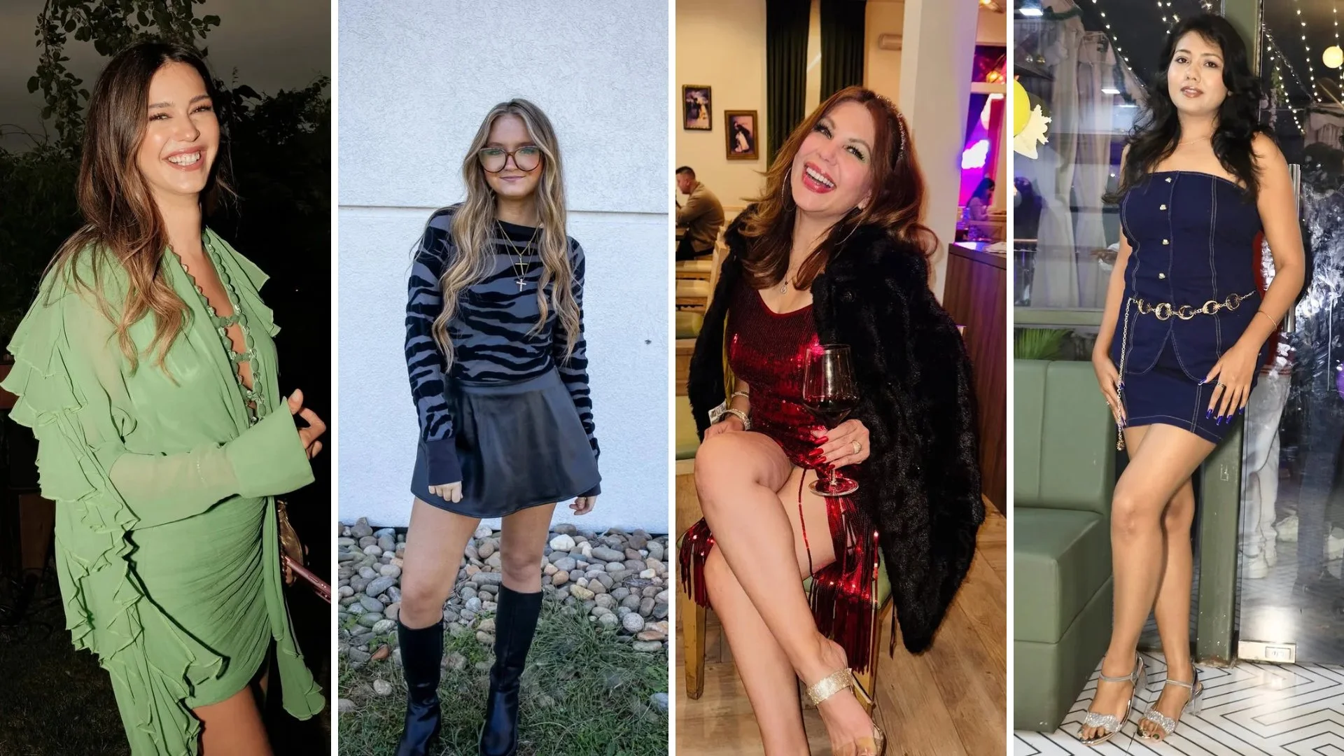 Party-ready New Year's Eve looks: green ruffle mini, zebra top with leather skirt, red sequin fringe dress with fur coat, navy strapless mini