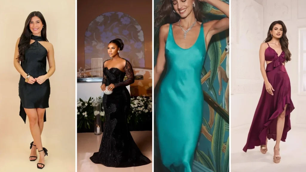 Classy New Year's Eve dresses: black halter mini, black lace mermaid gown, teal satin slip dress, burgundy ruffle gown