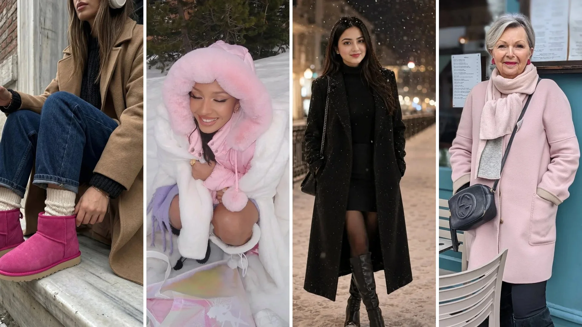 Chic winter outfits for petite women: camel coat with pink boots, pink puffer in snow, black coat in snowfall, pink wool coat