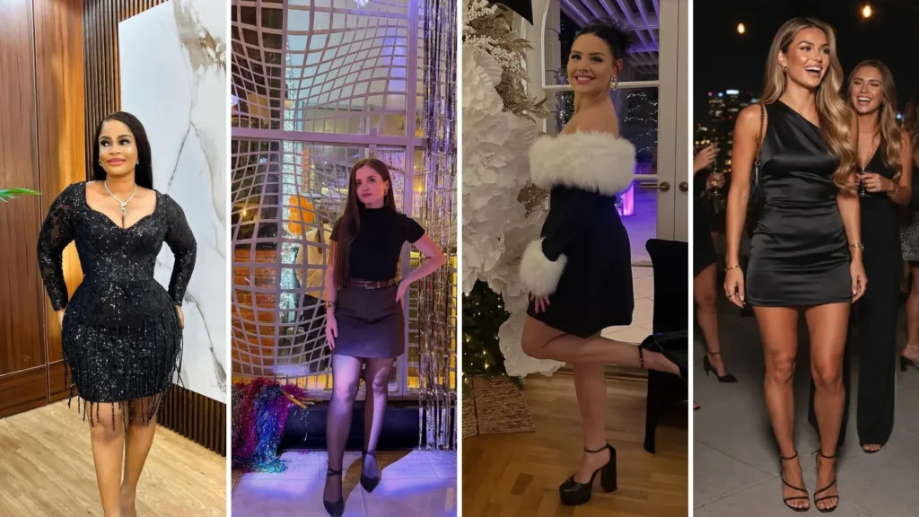 Work holiday party outfits: black sequin fringe dress, black top with mini skirt and tights, black fur-trim dress, black satin one-shoulder mini