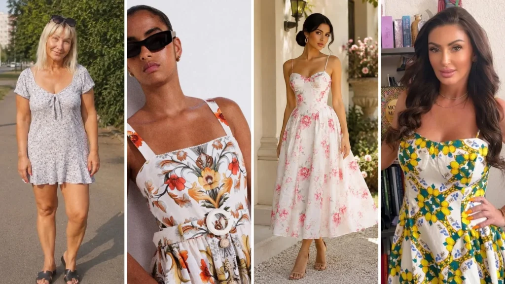 Flattering dresses for petite women: grey floral mini, colorful floral midi, pink floral sundress, yellow lemon print dress