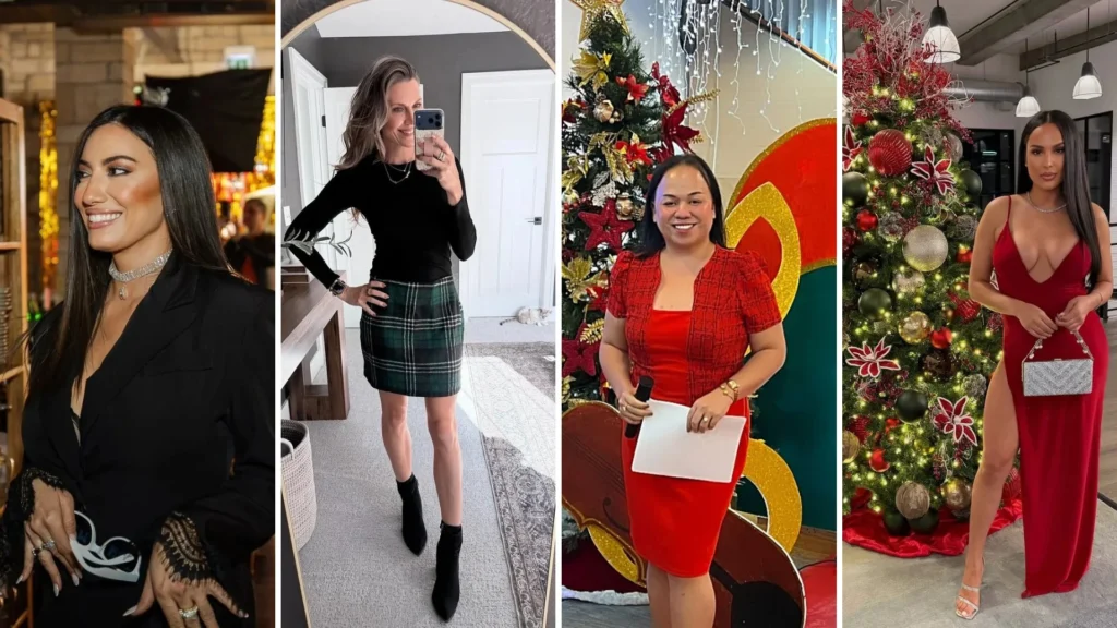 Office Christmas party outfits: black blazer with choker, black top with green plaid skirt, red Christmas dress, red velvet gown by Christmas tree