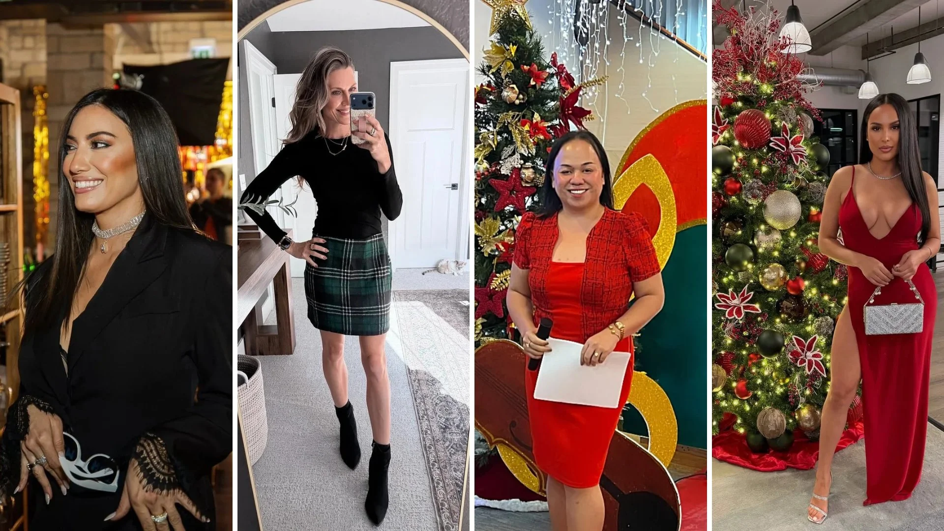 Office Christmas party outfits: black blazer with choker, black top with green plaid skirt, red Christmas dress, red velvet gown by Christmas tree