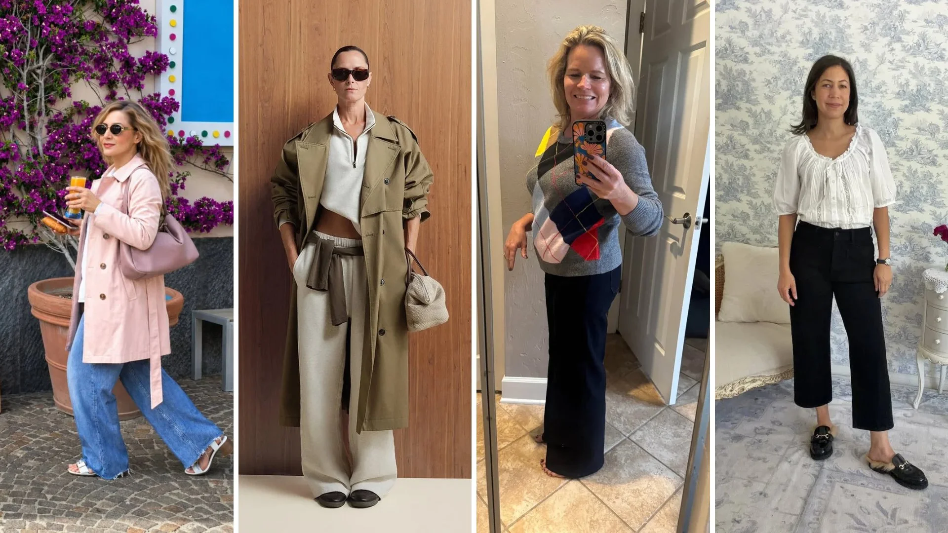 Fall capsule wardrobe pieces: pink trench coat, olive trench with loungewear, argyle sweater, white blouse with black cropped pants