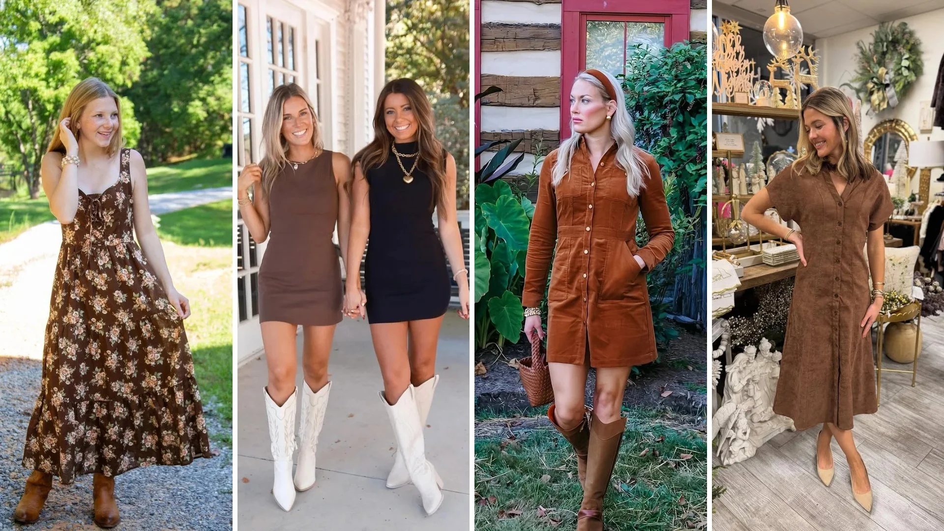 Fall Thanksgiving outfits for petite women: brown floral maxi dress, mini dresses with white cowboy boots, rust corduroy shirt dress