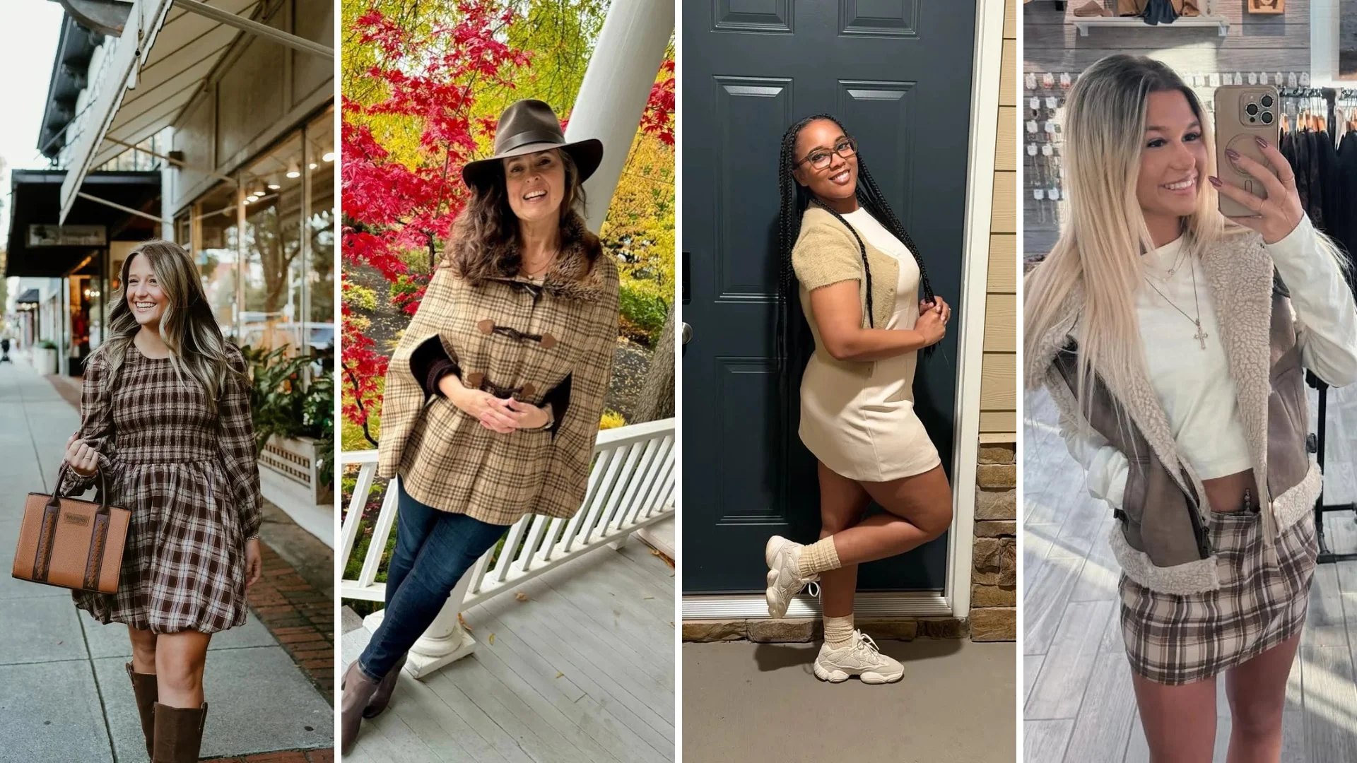 Casual Thanksgiving outfits: brown plaid mini dress, plaid cape with hat, cream mini dress with sneakers, plaid skirt with shearling vest