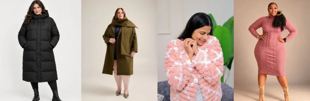Four plus size petite winter outfit collage